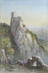 Figures At Thefoot Of A Castle Topped Crag, An Extensive Landscape Beyond by Edwin Thomas Dolby