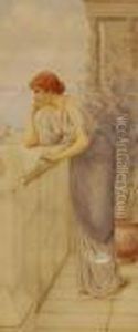 Watercolour,study Of A Classical
 Woman Looking Out To Sea From A Marbleterrace, Signed, 18" X 8" by William Anstey Dollond