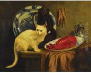 Still Life With Cat And Lobster by John Henry Dolph