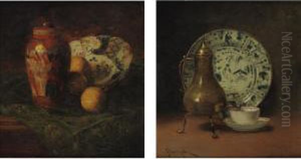 Still Life With Coffe Urn And
Still Life Wtih Asian Ceramics And Oranges: A Pair Of Paintings - view 1