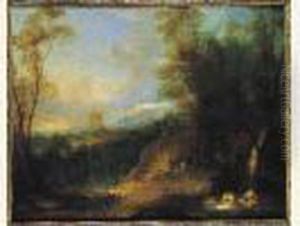 Lavandieres Et Berger Dans Un Paysage Boise by Pierre Salomon Domenchin De Chavannes