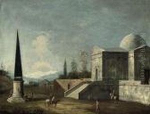 A Palladian Villa, With Figures Beneath An Obelysk