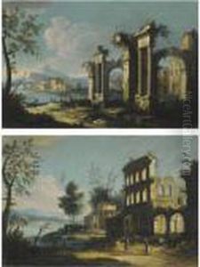 A Pair Of Capriccio River Landscapes With Figures Beneathancient Ruins by Apollonio Domenichini