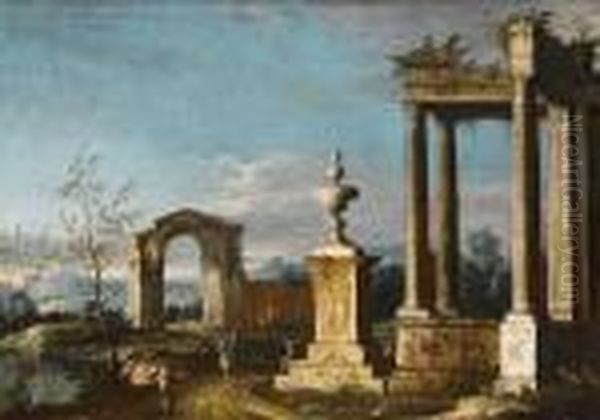 An Italianate Landscape With A Traveller On Horseback Before The Ruins Of A Temple - view 1