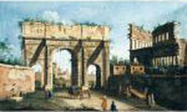 Rome, A View Of The Arch Of Constantine, With The Colosseum In The Right Background - view 1