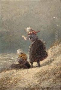 "zweimadchen An Sturmischer Kuste" by Cornelis Christiaan Dommersen
