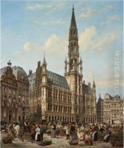 The Flower Market In The Grande Place, Brussels by Cornelis Christiaan Dommersen