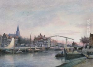 Oud Sloten Brug Bij Amsterdam Bij De Overhaal Der Groentenschuit by Cornelis Christiaan Dommersen