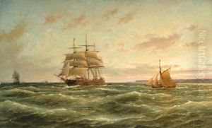 A Three-master And Other Sailing Boats On Sea by Cornelis Christiaan Dommersen