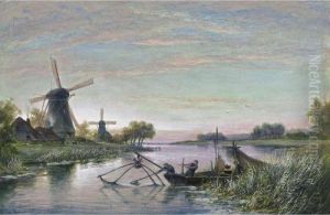 Fishermen By A Windmill by Cornelis Christiaan Dommersen