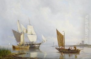A Calm Day On The Estuary, With A
 Trading Brig About To Discharge Her Cargo Into A Barge Coming Alongside