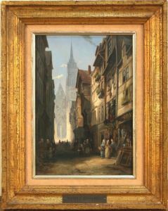 Continental Street Scene With Figures Outside Shops