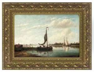 Fishing Boats Drying Their Sails On A Calm Day by Pieter Christiaan Cornelis Dommersen