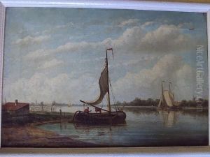 Dutch River Landscape With Barges by Pieter Christiaan Cornelis Dommersen