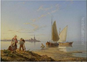 Coastal Scene With Fisher Folk Unloading The Catch, And Another Similar by Pieter Christiaan Cornelis Dommersen