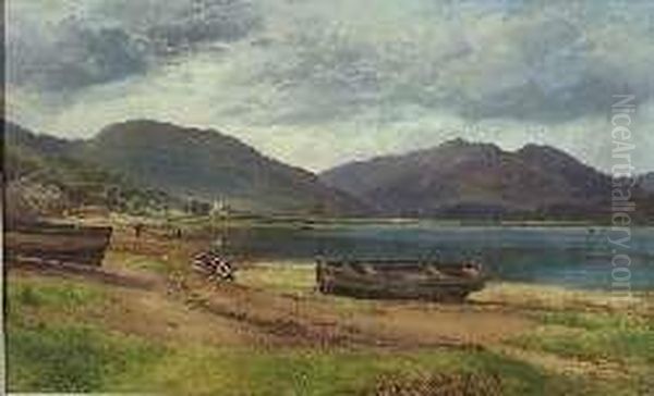 Figures And Rowing Boats By The Loch - view 1