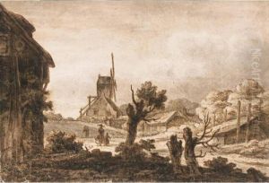 Village Landscape With Figures On A Road, And A Mill Behind