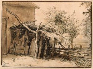 A Ruined Thatched Hut Leaning Against A Farm House, A Landscapebeyond
