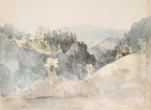Valley In A Mountainous Wooded Landscape by Johann Jakob I Dorner