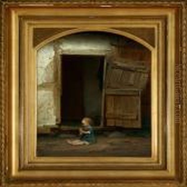 A Little Girl Is Playing With
Her Doll In Front Of The Stable Door. Signed And Dated A. Dorph 1873 - view 1