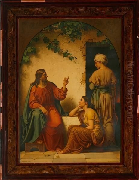 Dorph: Jesus Are Talking To The 
Sisters Martha And Maria. Stamp Signed And Dated A. Dorph 188. 
Lithograph In Colours. Visible Size 7 X 51 Cm - view 1