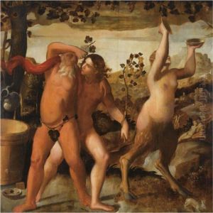 A Bacchanal Scene With The Drunken Silenus And Bacchants Cavorting In A Vineyard