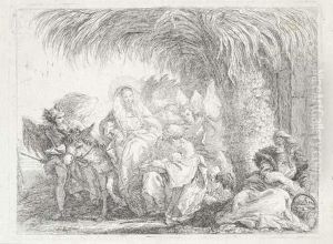 Joseph Kneels With The Child Before Mary On A Donkey