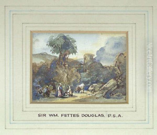 P.r.s.a. A Classical Landscape 
With Figures Inscribed With The Artist's Name On The Mount Below, And 
Extensively Inscribed On A Later Label Verso, Pen, Ink And Watercolour, A
 Study, 5cm By 7cm - view 1