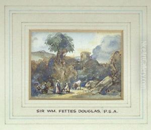 P.r.s.a. A Classical Landscape 
With Figures Inscribed With The Artist's Name On The Mount Below, And 
Extensively Inscribed On A Later Label Verso, Pen, Ink And Watercolour, A
 Study, 5cm By 7cm