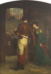 P.r.s.a. A Prison Interior With
 Figures Consoling A Male Prisoner, A Crowd Can Be Seen Through A Window
 In The Distance Inscribed With The Artist's Name On The Original Frame by William Fettes Douglas