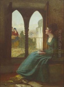 P.r.s.a. Interior Scene With A
Girl Seated Beside A Window, Letters And Documents In The Foreground,
Other Figures On A Balcony In The Distance Oil On Canvas, 41cm By 30.5cm by William Fettes Douglas