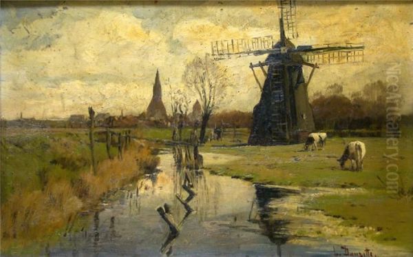 Hollandische Landschaft Mit Windmuhle Und Grasenden Kuhen Am Flusslauf - view 1