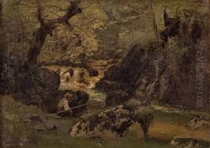 Angler Am Wildbachufer by Louis, Carl Ludwig Douzette