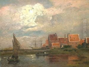 Attributed To Louis Carl Ludwig
Douzette, German -- Moonlit Harbour Scene With Moored Shipping by Louis, Carl Ludwig Douzette