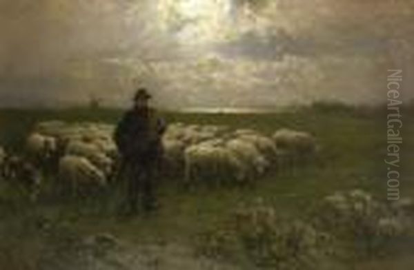 Schafer Mit Seiner Herde In
 Nachtlicher Landschaft. - view 1