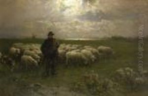 Schafer Mit Seiner Herde In
Nachtlicher Landschaft. by Louis, Carl Ludwig Douzette