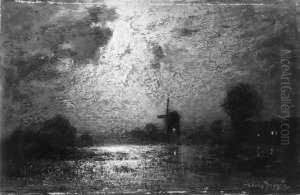 Mondscheinlandschaft Mit Windmuhle. by Louis, Carl Ludwig Douzette