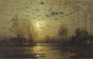 Houses Along A Lake Bij Moonlight by Louis, Carl Ludwig Douzette