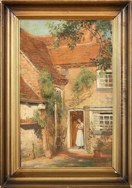 Girl With A Kitten Standing In A Doorway - view 1