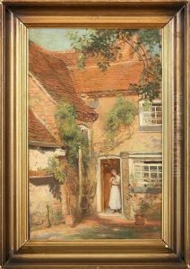Girl With A Kitten Standing In A Doorway
