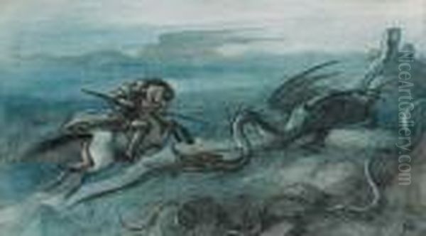 Knight On Horseback Attacking Largedragon - view 1