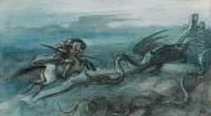 Knight On Horseback Attacking Largedragon by Richard Doyle