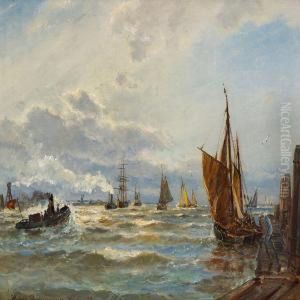 Numerous Ships On The Elbe River Near Hamburg by Holger Drachmann