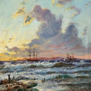 Sailing Ship And Steamers Off The Coast At Sunset