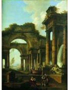 Couple De Bergers Et Joueur De Guitare Au Pied Des Ruines D'un Temple Antique by Alexandre-Jean Dubois Drahonet