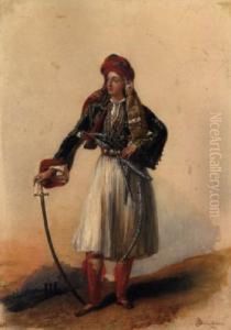 Portrait Of A Young Man In Greek Costume Standing Before The Acropolis by Alexandre-Jean Dubois Drahonet
