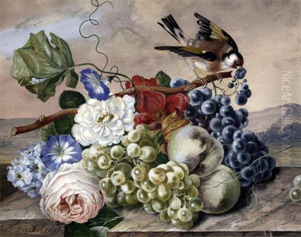 Still Life Of Fruit And Flowers With A Gold Finch - view 1