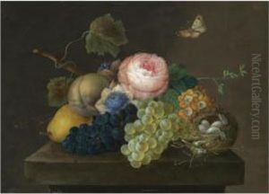 A Still Life With Grapes, Pears 
And Flowers, Together With A Bird's Nest With Eggs On A Stone Ledge, A 
Butterfly Above by Johann Baptist Drechsler