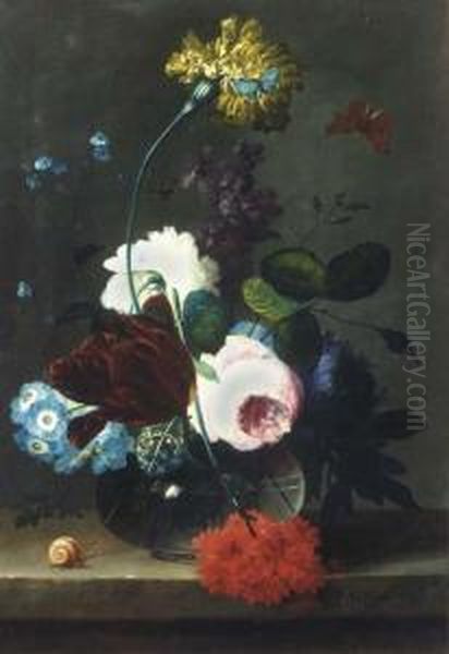 Roses, Tulips, Carnations And
Other Flowers In A Glass Vase Withbutterflies, And A Snake On A Stone
Ledge - view 1