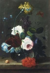 Roses, Tulips, Carnations And 
Other Flowers In A Glass Vase Withbutterflies, And A Snake On A Stone 
Ledge